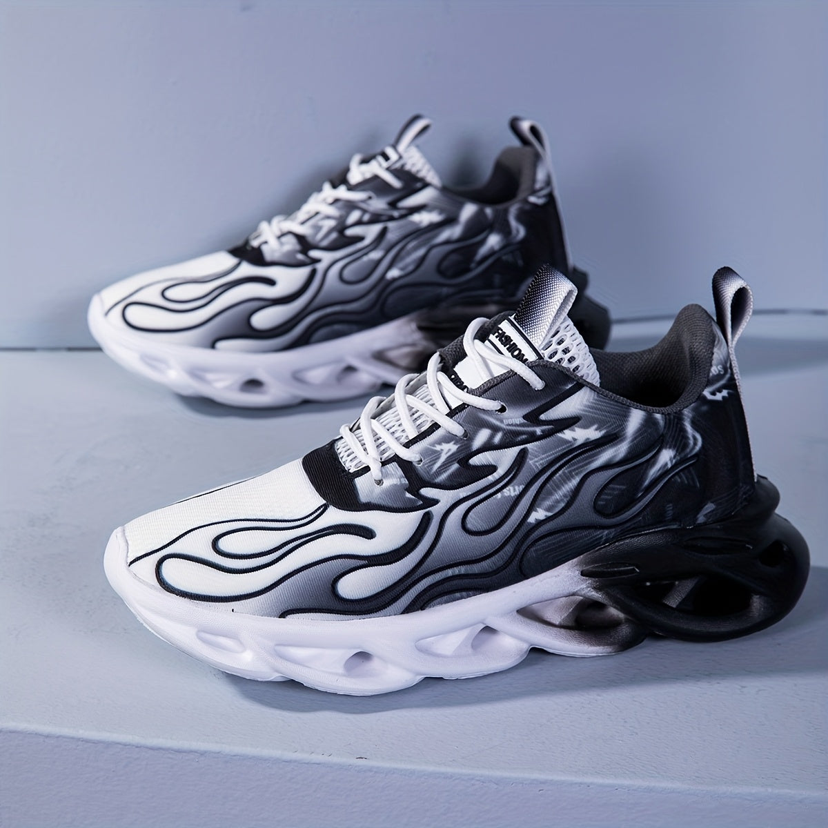 Spring And Summer Men'S Casual Road Sports Shoes: Gradient Flame Printed Sports Shoes, With Unique Hollow Breathable Soles And Lace-up Design, Suitable For Streetwear, Daily Casual Fashion, And Men'S Road Running Shoes.