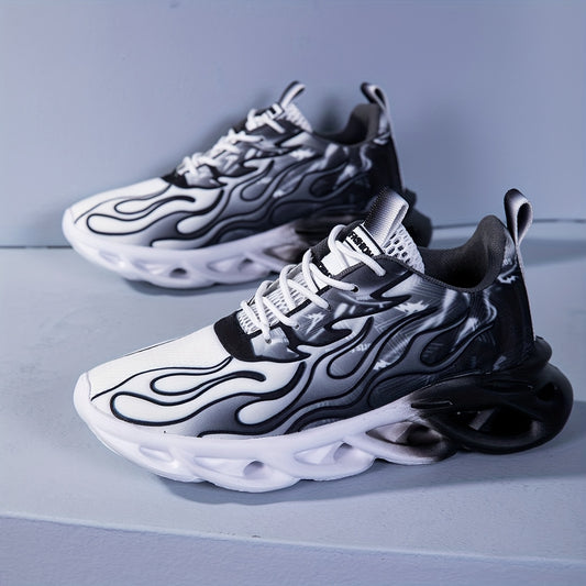 Spring And Summer Men'S Casual Road Sports Shoes: Gradient Flame Printed Sports Shoes, With Unique Hollow Breathable Soles And Lace-up Design, Suitable For Streetwear, Daily Casual Fashion, And Men'S Road Running Shoes.